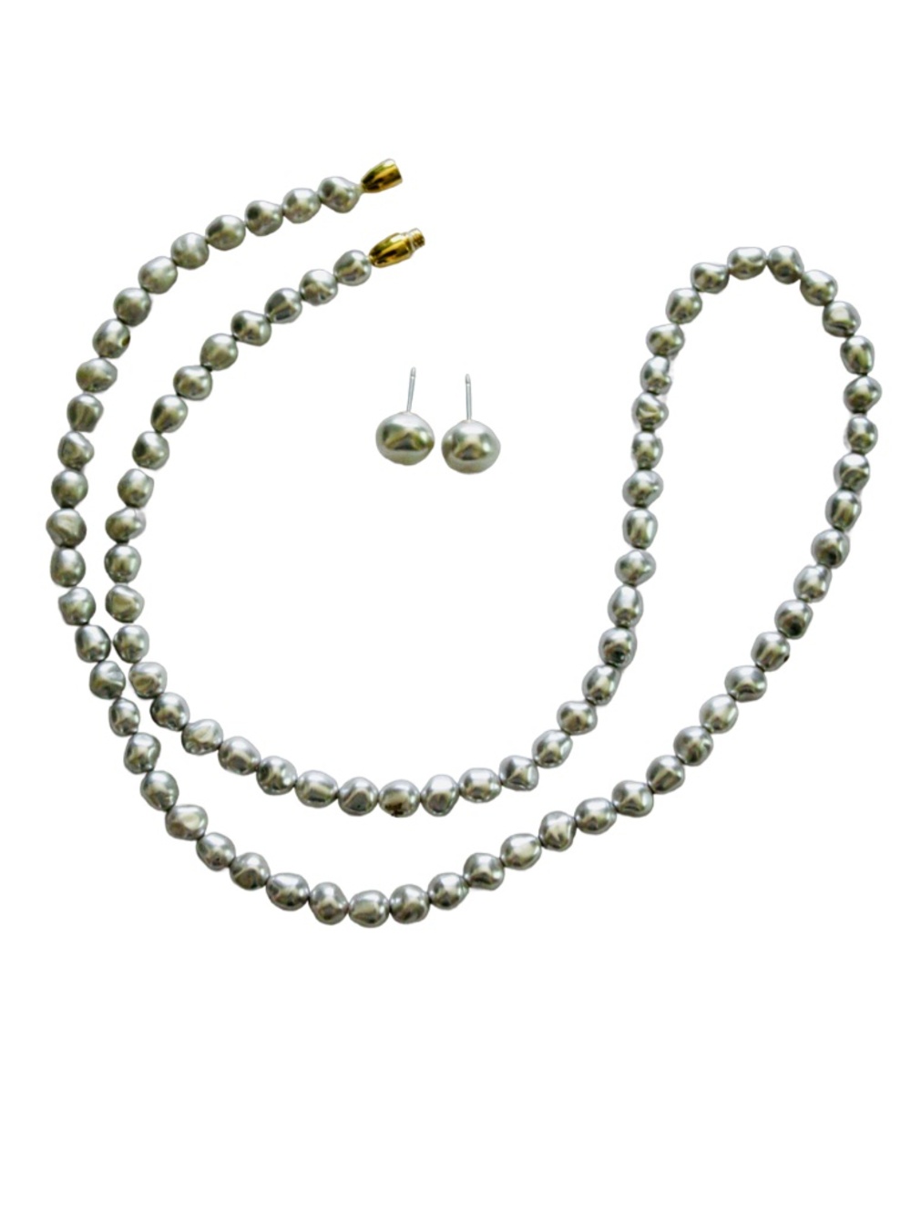 Simulated Baroque Silvery Pearl Necklace and Stud Earrings